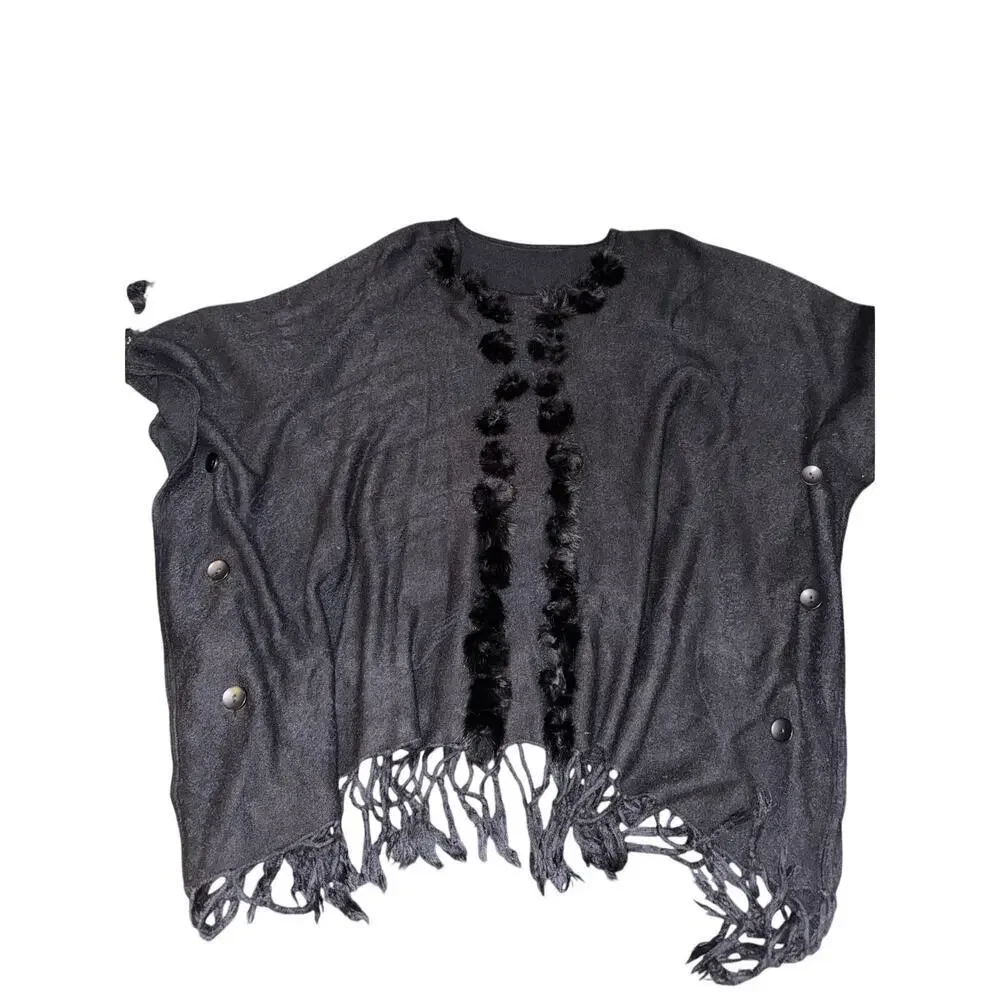PONCHO SWEATER WITH RABBIT FUR TRIM ONE SIZE O/S